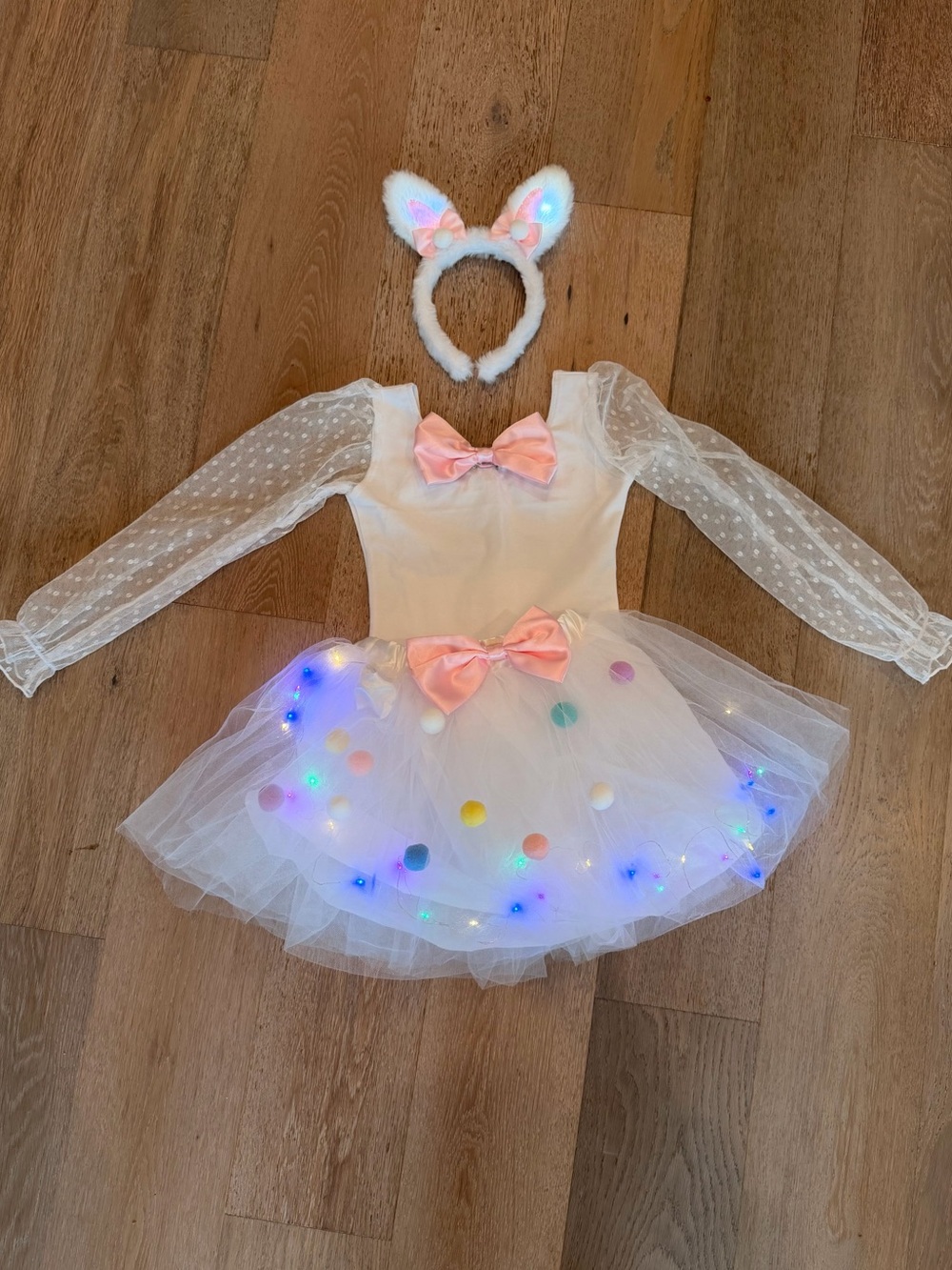 Girls Light-Up White Bunny Tulle Costume with Pink Bows and Pom Poms